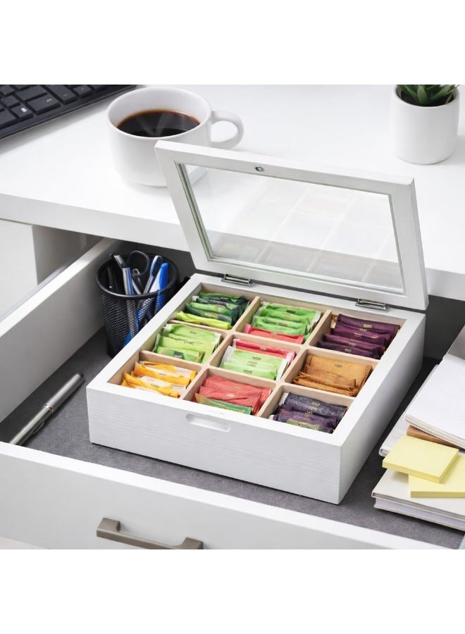 منظم صندوق شاي خشبي، علبة تخزين بـ 9 أقسام، حامل أكياس شاي، سعة كبيرة، فرز وعرض المشروبات، للاستخدام المنزلي على سطح الطاولة أو الخزانة، حل تصميم أنيق وعملي (أبيض) - Image 2